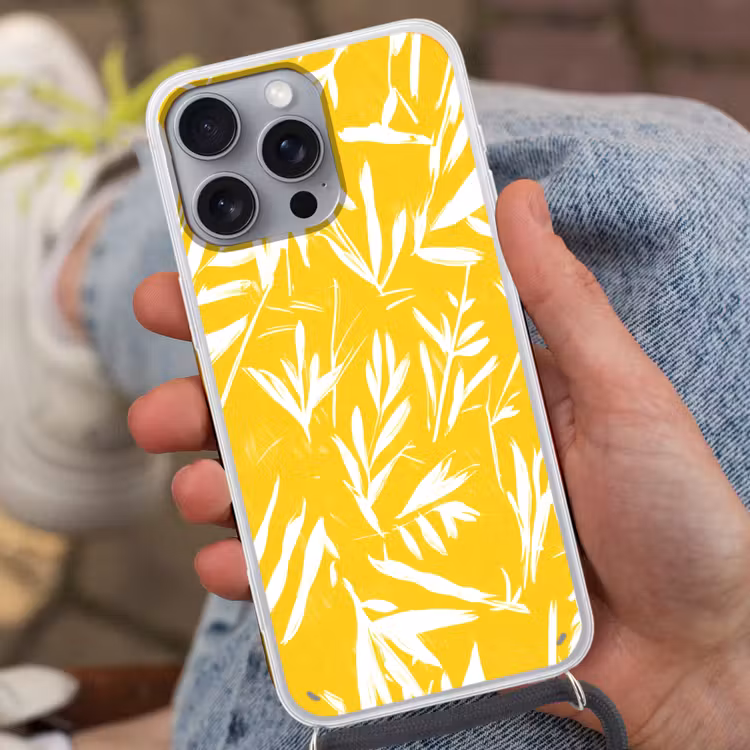 Abstract - Bladeren - Geel - Penseelstreken Hoesje iPhone 16 Pro Max met koord klein -sfeer3