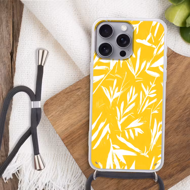 Abstract - Bladeren - Geel - Penseelstreken Hoesje iPhone 16 Pro Max met koord klein -sfeer4