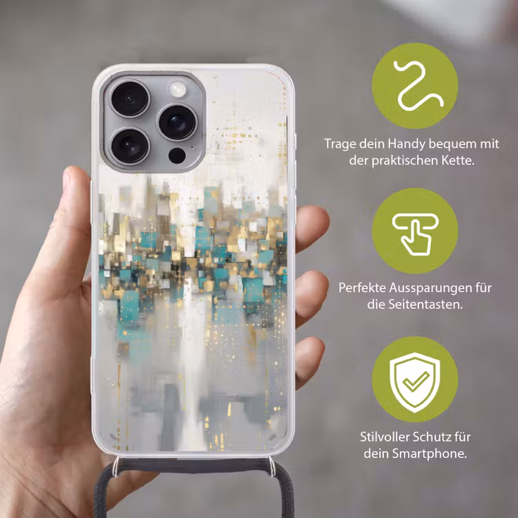 Abstract - Blokken - Goud - Skyline Hoesje iPhone 16 Pro Max met koord klein -sfeer2_DE