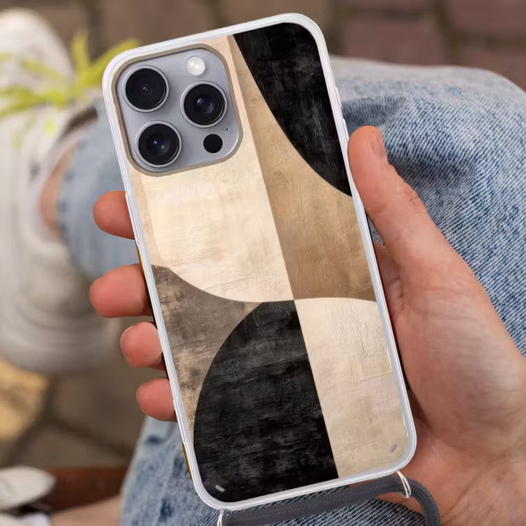 Abstract - Vlakken - Zwart - Rond Hoesje iPhone 16 Pro Max met koord klein -sfeer3