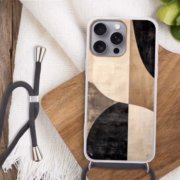 Abstract - Vlakken - Zwart - Rond Hoesje iPhone 16 Pro Max met koord klein -sfeer4