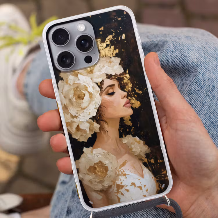 Abstract - Vrouw - Bloemen - Wit Hoesje iPhone 16 Pro Max met koord klein -sfeer3