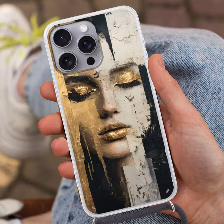 Abstract - Goud - Gezicht - Lippen Hoesje iPhone 16 Pro Max met koord klein -sfeer3