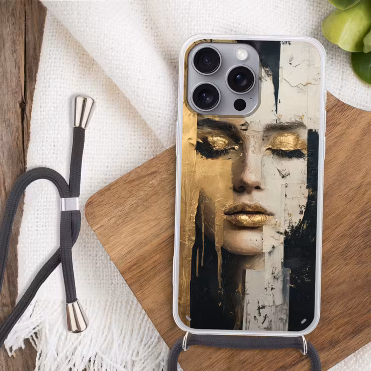 Abstract - Goud - Gezicht - Lippen Hoesje iPhone 16 Pro Max met koord klein -sfeer4