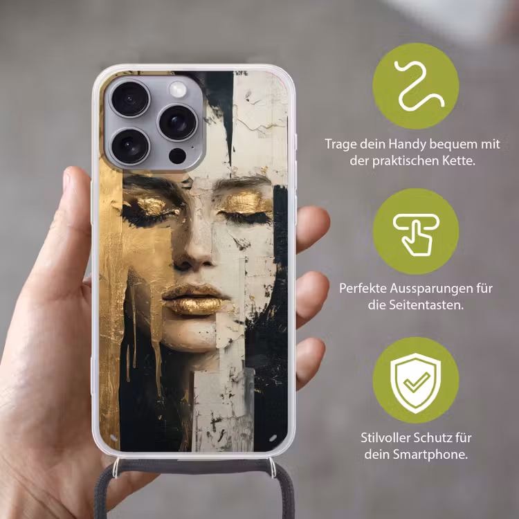 Abstract - Goud - Gezicht - Lippen Hoesje iPhone 16 Pro Max met koord klein -sfeer2_DE