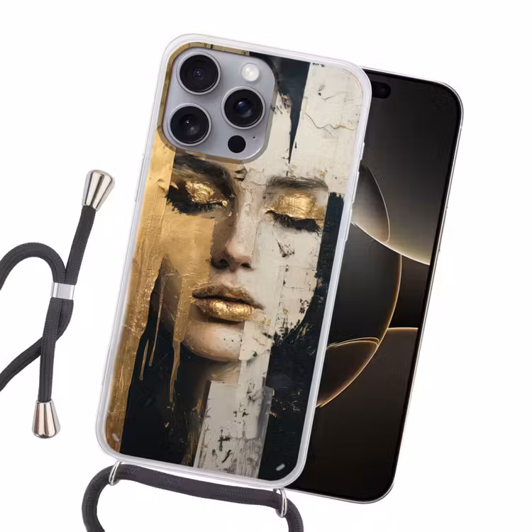 Abstract - Goud - Gezicht - Lippen Hoesje iPhone 16 Pro Max met koord klein -sfeer1