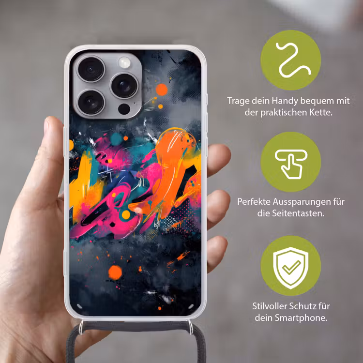 Abstract - Graffiti - Kleurrijk - Verfspatten Hoesje iPhone 16 Pro Max met koord klein -sfeer2_DE