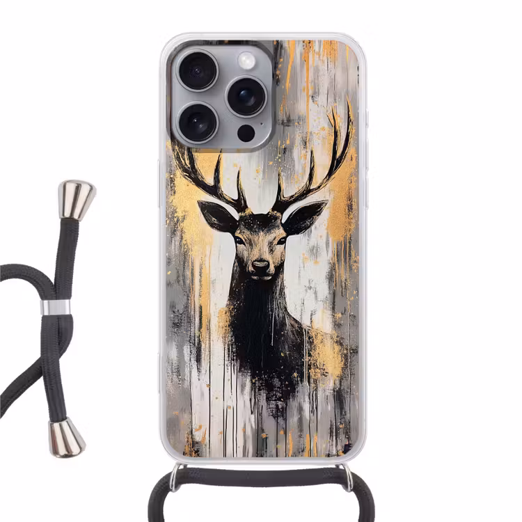 Abstract - Hert - Gewei - Goud Hoesje iPhone 16 Pro Max met koord klein -3d