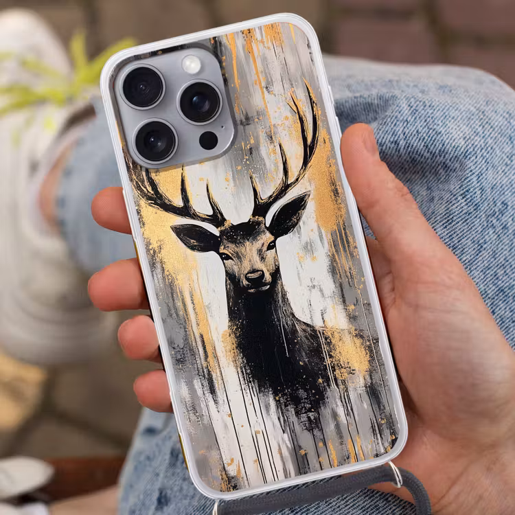Abstract - Hert - Gewei - Goud Hoesje iPhone 16 Pro Max met koord klein -sfeer3