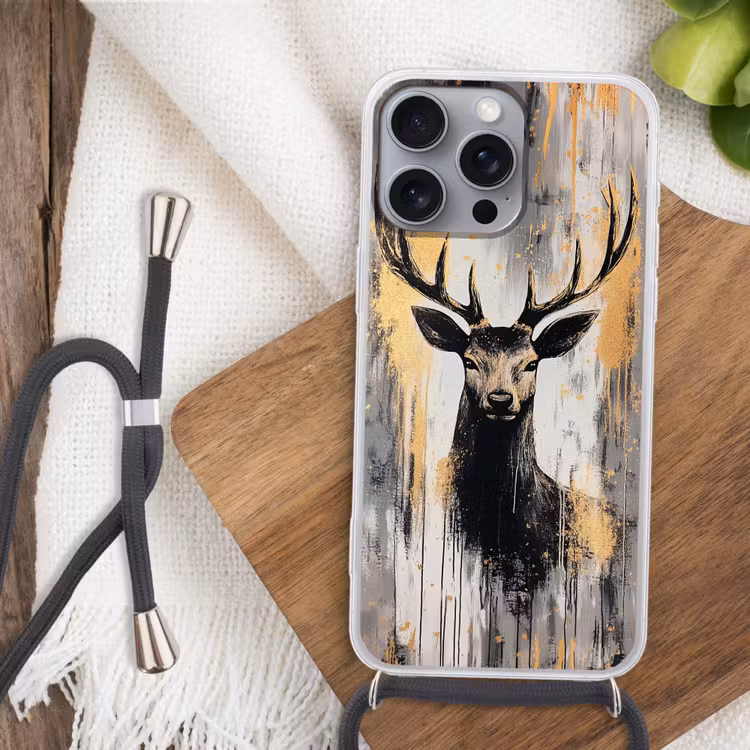 Abstract - Hert - Gewei - Goud Hoesje iPhone 16 Pro Max met koord klein -sfeer4