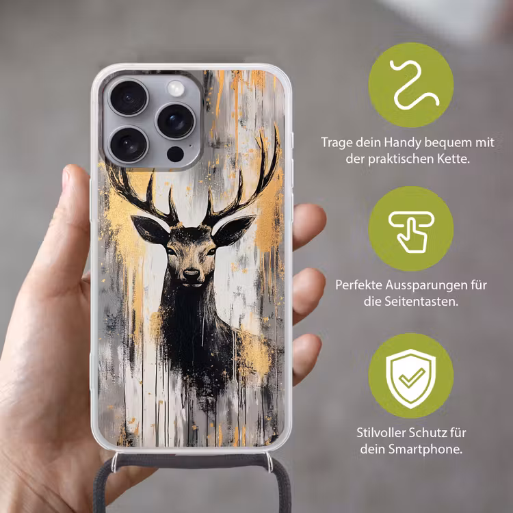 Abstract - Hert - Gewei - Goud Hoesje iPhone 16 Pro Max met koord klein -sfeer2_DE