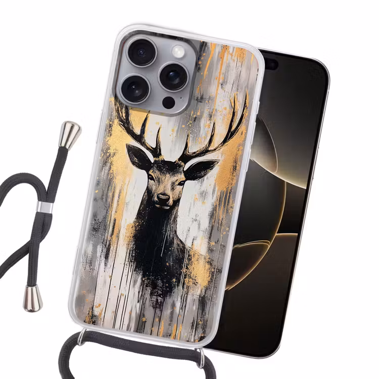 Abstract - Hert - Gewei - Goud Hoesje iPhone 16 Pro Max met koord klein -sfeer1