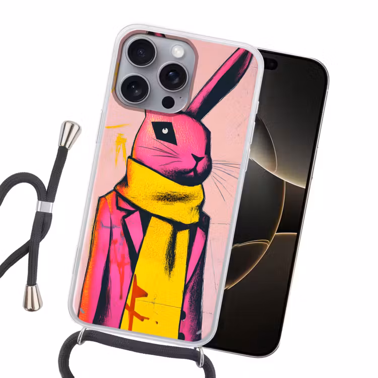 Abstract - Konijn - Sjaal - Geel Hoesje iPhone 16 Pro Max met koord klein -sfeer1