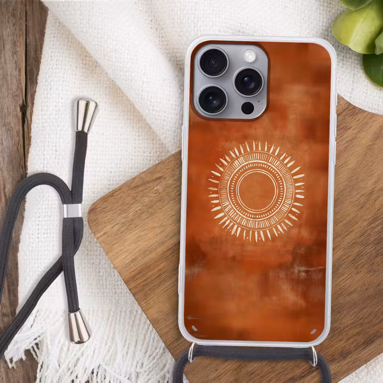 Abstract - Lijnen - Zonnestralen - Roodbruin Hoesje iPhone 16 Pro Max met koord klein -sfeer4