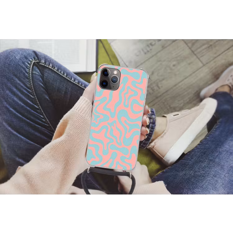 Abstract - Patroon - Blauw - Roze - Kleurrijk Hoesje iPhone 12 Pro met koord klein -hand
