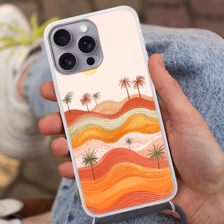Abstract landschap - Palmbomen - Kleurrijk Hoesje iPhone 16 Pro Max met koord klein -sfeer3