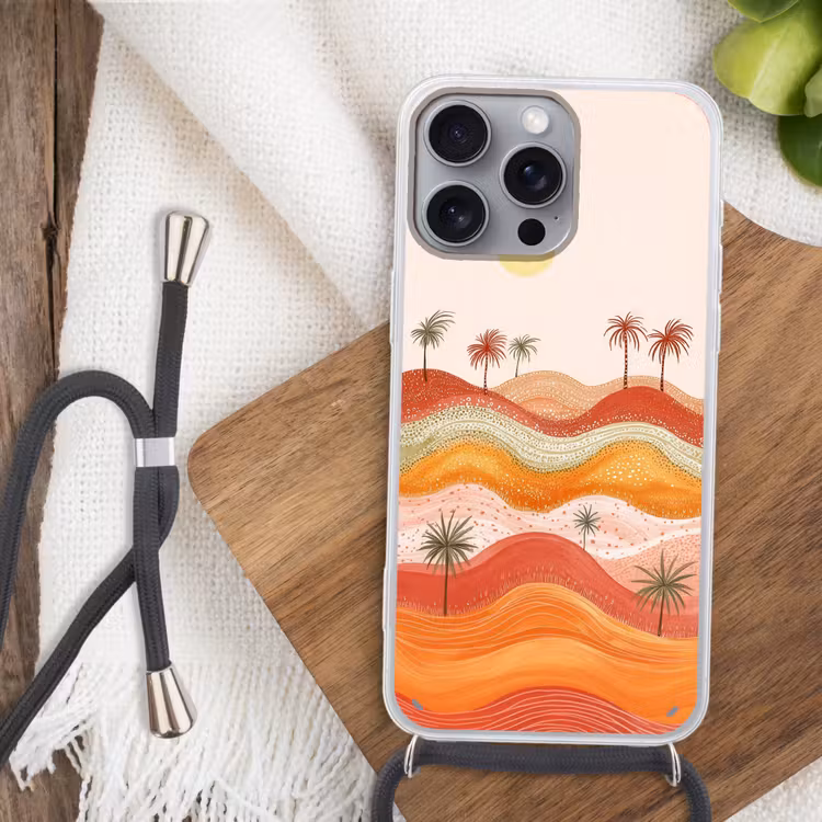 Abstract landschap - Palmbomen - Kleurrijk Hoesje iPhone 16 Pro Max met koord klein -sfeer4