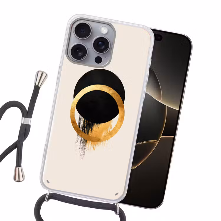 Abstract ontwerp - Zwarte cirkel - Verfvlekken Hoesje iPhone 16 Pro Max met koord klein -sfeer1
