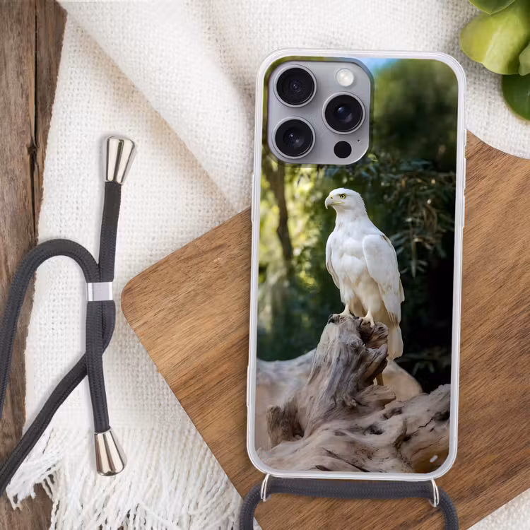 Arend - Hout - Wit - Planten Hoesje iPhone 16 Pro Max met koord klein -sfeer4
