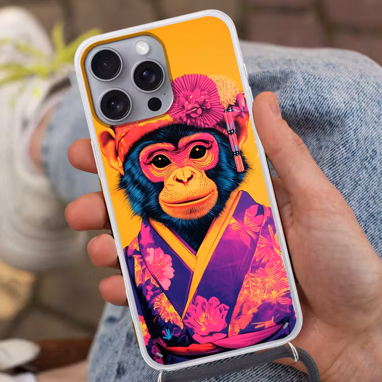 Aap - Kimono - Bloemen - Hoofdtooi Hoesje iPhone 16 Pro Max met koord klein -sfeer3
