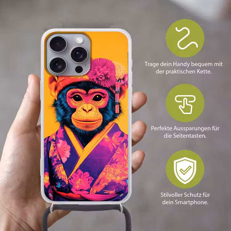 Aap - Kimono - Bloemen - Hoofdtooi Hoesje iPhone 16 Pro Max met koord klein -sfeer2_DE
