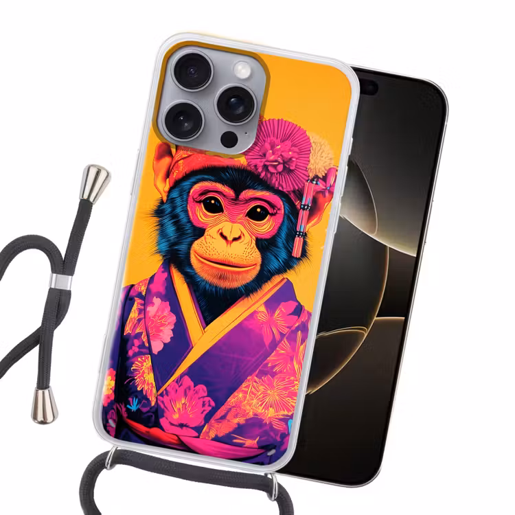 Aap - Kimono - Bloemen - Hoofdtooi Hoesje iPhone 16 Pro Max met koord klein -sfeer1