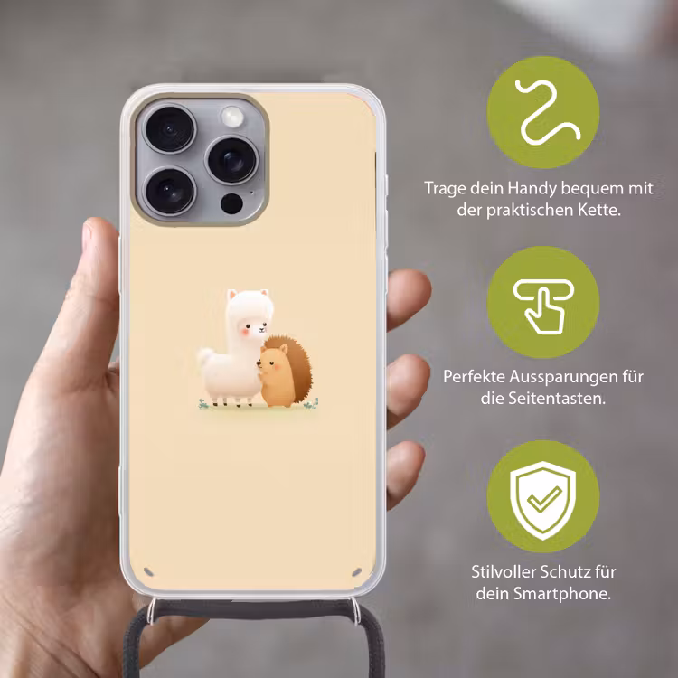 Alpaca - Egel - Bruin - Knuffelen Hoesje iPhone 16 Pro Max met koord klein -sfeer2_DE
