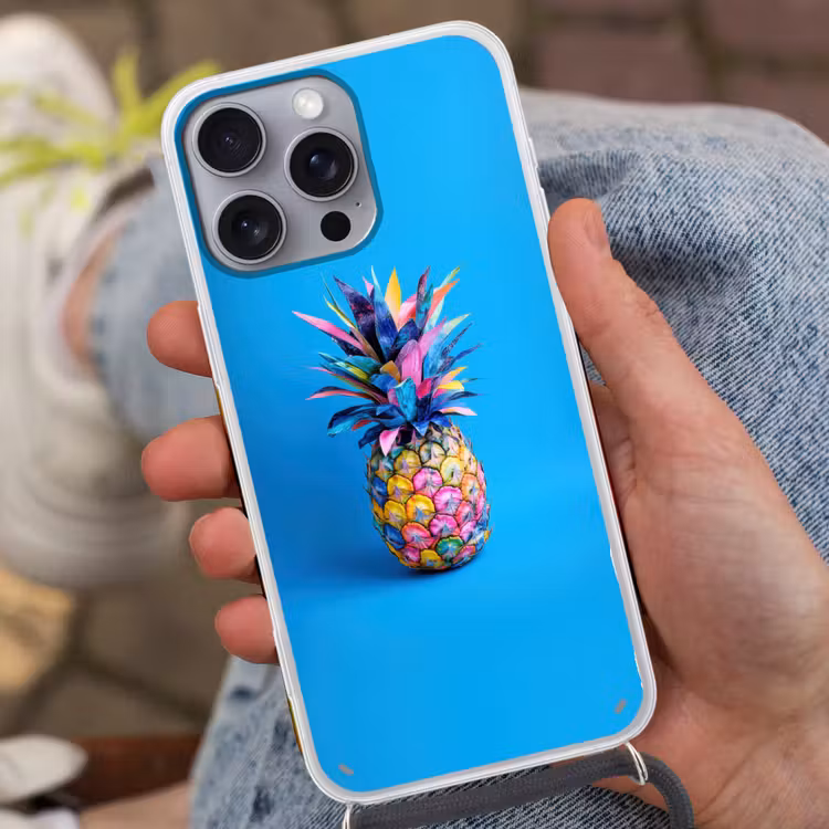 Ananas - Blauw - Tropisch - Vrolijk Hoesje iPhone 16 Pro Max met koord klein -sfeer3