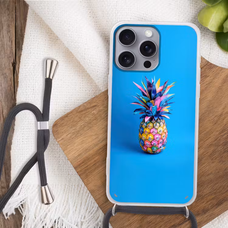 Ananas - Blauw - Tropisch - Vrolijk Hoesje iPhone 16 Pro Max met koord klein -sfeer4