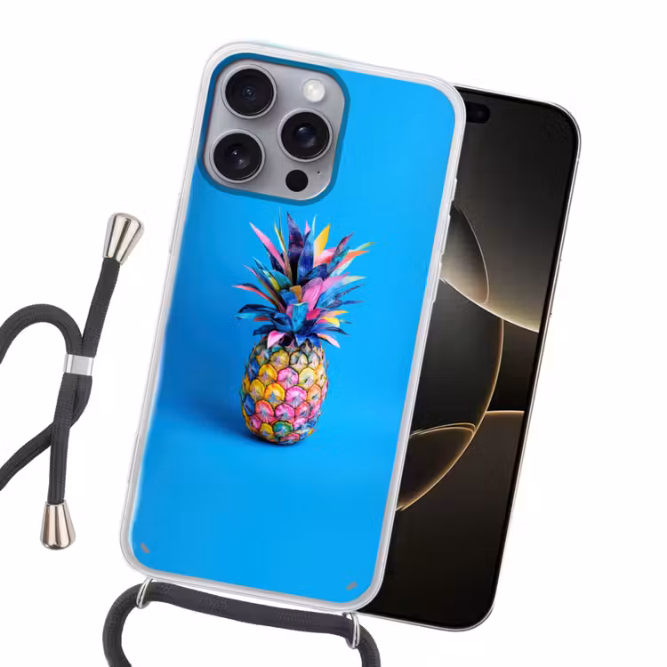Ananas - Blauw - Tropisch - Vrolijk Hoesje iPhone 16 Pro Max met koord klein -sfeer1