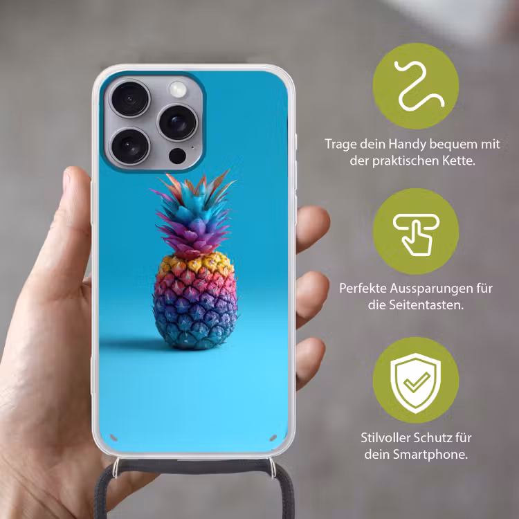 Ananas - Regenboog - Blauw - Popart Hoesje iPhone 16 Pro Max met koord klein -sfeer2_DE