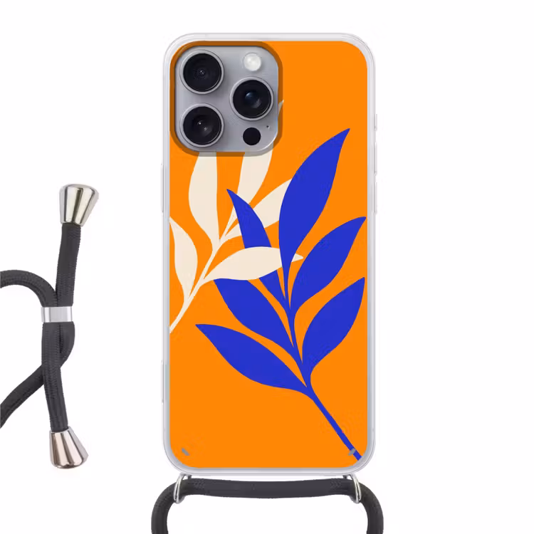Takken - Bladeren - Minimalistisch - Blauw Hoesje iPhone 16 Pro Max met koord klein -3d