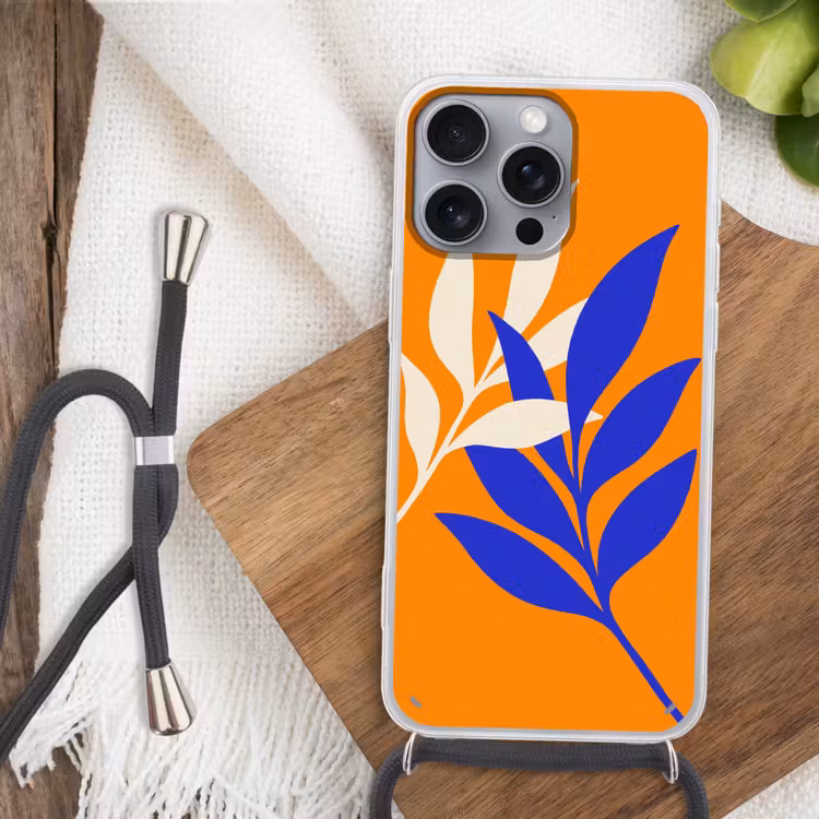 Takken - Bladeren - Minimalistisch - Blauw Hoesje iPhone 16 Pro Max met koord klein -sfeer4