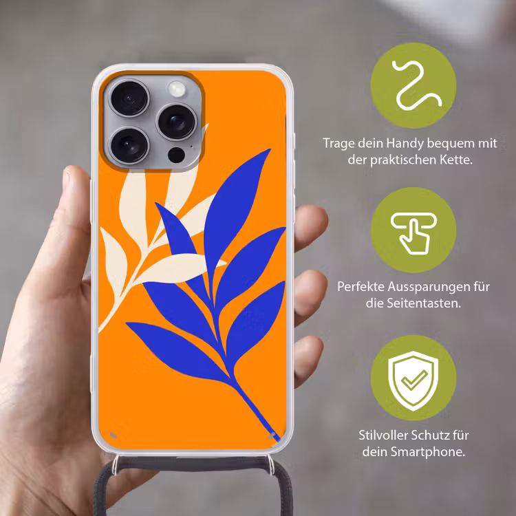 Takken - Bladeren - Minimalistisch - Blauw Hoesje iPhone 16 Pro Max met koord klein -sfeer2_DE