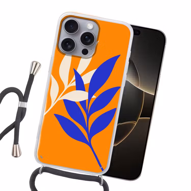 Takken - Bladeren - Minimalistisch - Blauw Hoesje iPhone 16 Pro Max met koord klein -sfeer1