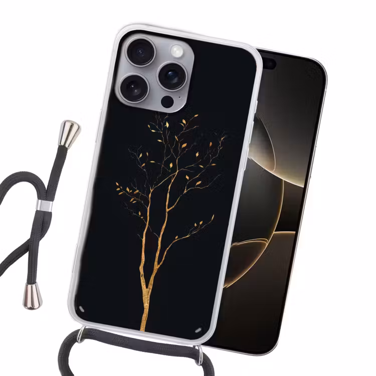 Takken - Blaadjes - Zwart Hoesje iPhone 16 Pro Max met koord klein -sfeer1