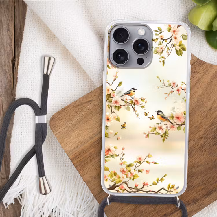 Takken - Bloemen - Vogeltjes - Roze Hoesje iPhone 16 Pro Max met koord klein -sfeer4