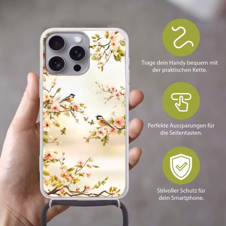 Takken - Bloemen - Vogeltjes - Roze Hoesje iPhone 16 Pro Max met koord klein -sfeer2_DE