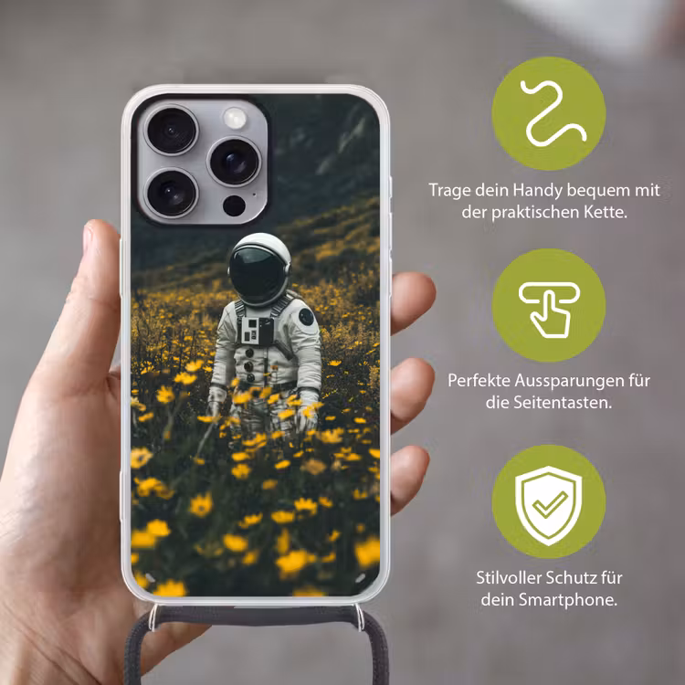 Astronaut - Bloemen - Veld - Geel Hoesje iPhone 16 Pro Max met koord klein -sfeer2_DE