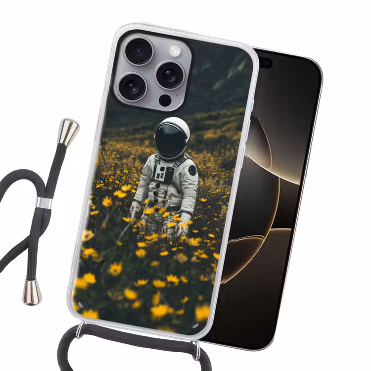 Astronaut - Bloemen - Veld - Geel Hoesje iPhone 16 Pro Max met koord klein -sfeer1