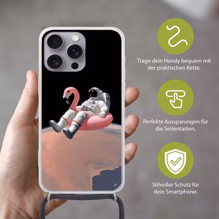 Astronaut - Flamingo - Zwemband - Roze Hoesje iPhone 16 Pro Max met koord klein -sfeer2_DE