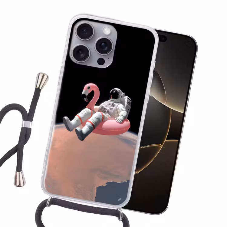 Astronaut - Flamingo - Zwemband - Roze Hoesje iPhone 16 Pro Max met koord klein -sfeer1