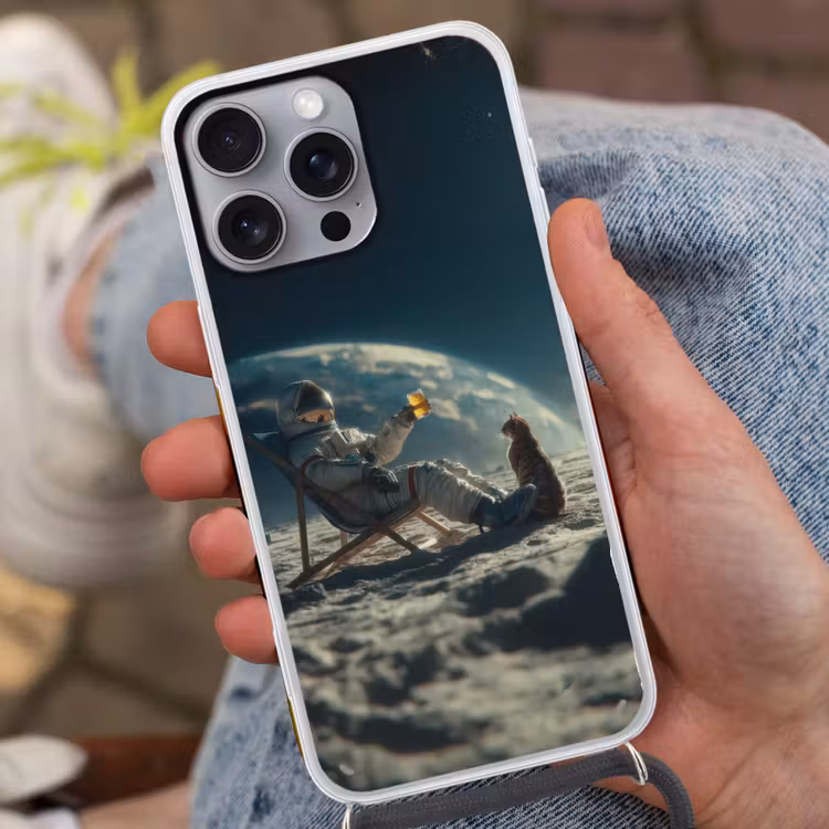 Astronaut - Kat - Glas - Stoel Hoesje iPhone 16 Pro Max met koord klein -sfeer3
