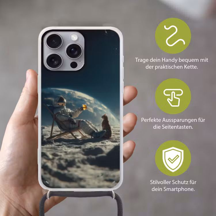 Astronaut - Kat - Glas - Stoel Hoesje iPhone 16 Pro Max met koord klein -sfeer2_DE