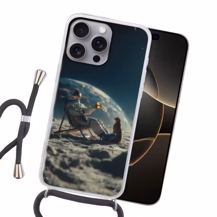 Astronaut - Kat - Glas - Stoel Hoesje iPhone 16 Pro Max met koord klein -sfeer1