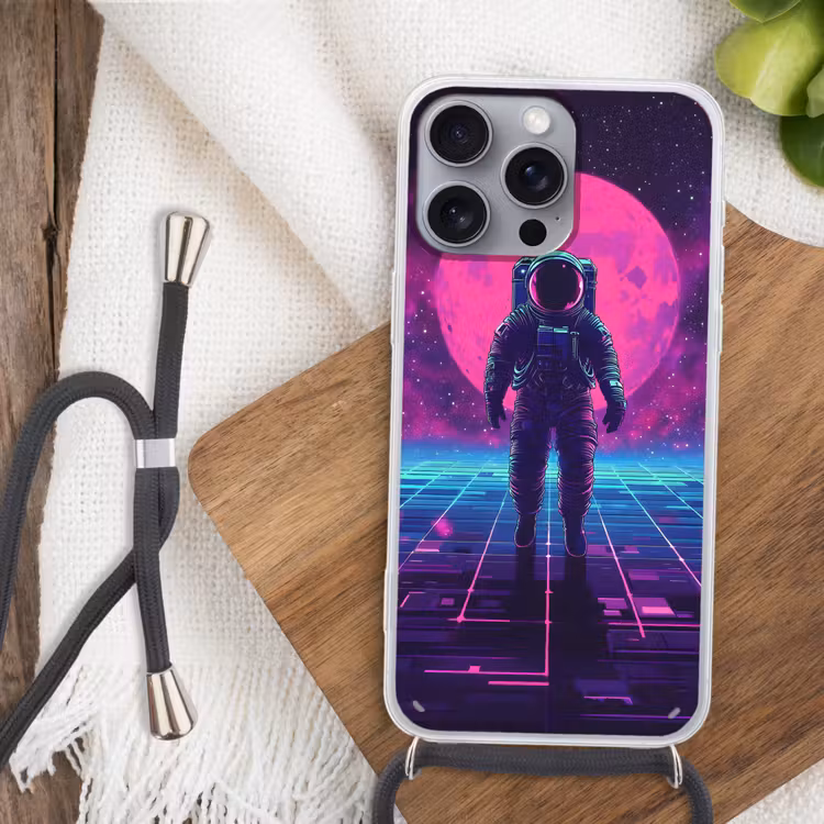 Astronaut - Maan - Roze - Sterrennevels Hoesje iPhone 16 Pro Max met koord klein -sfeer4