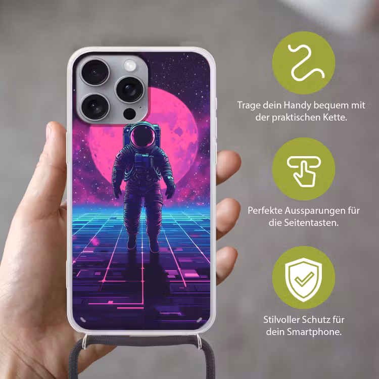 Astronaut - Maan - Roze - Sterrennevels Hoesje iPhone 16 Pro Max met koord klein -sfeer2_DE
