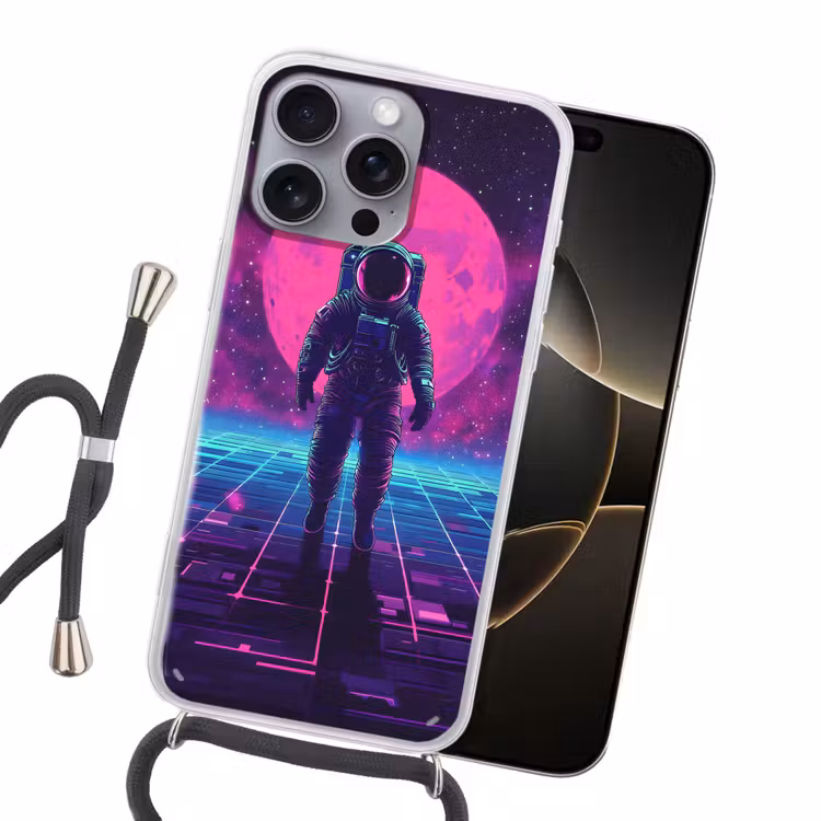 Astronaut - Maan - Roze - Sterrennevels Hoesje iPhone 16 Pro Max met koord klein -sfeer1