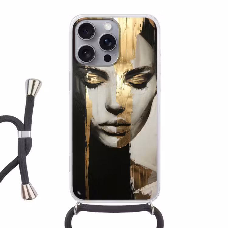 Ogen - Gezicht - Goud - Strepen Hoesje iPhone 16 Pro Max met koord klein -3d