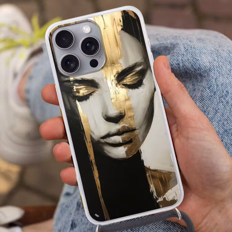 Ogen - Gezicht - Goud - Strepen Hoesje iPhone 16 Pro Max met koord klein -sfeer3